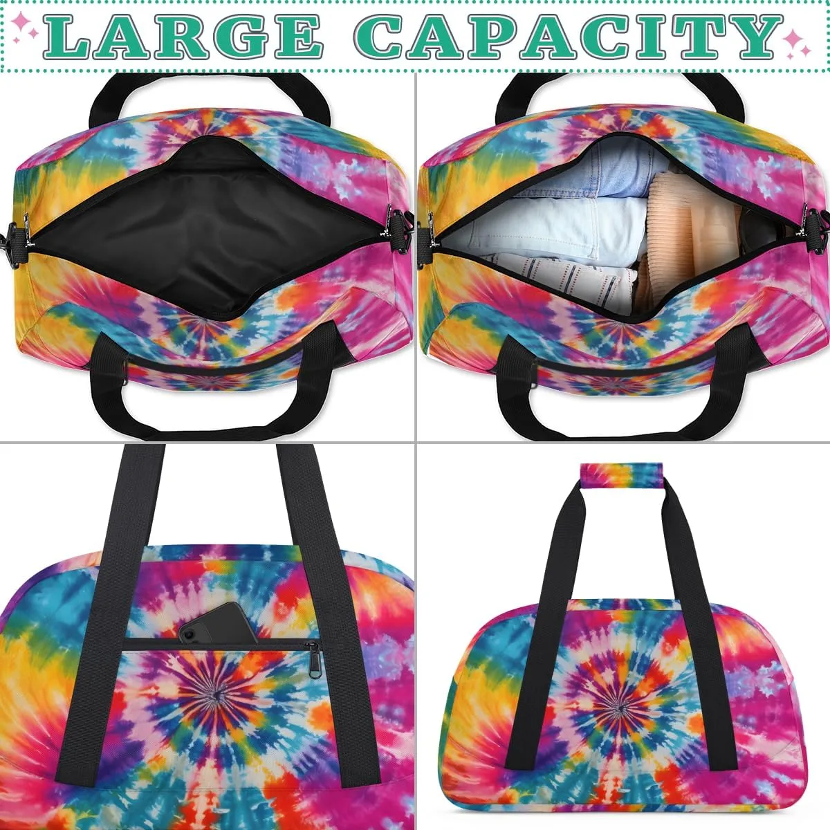 Art Swirl Tie Dye Boys Girls Gym Bag Dance Perform Training Duffel Bags Weekender Carry-On Tote Luggage Bag Ideal for School Practice or Overnight Trips Rainbow Tie-Dye