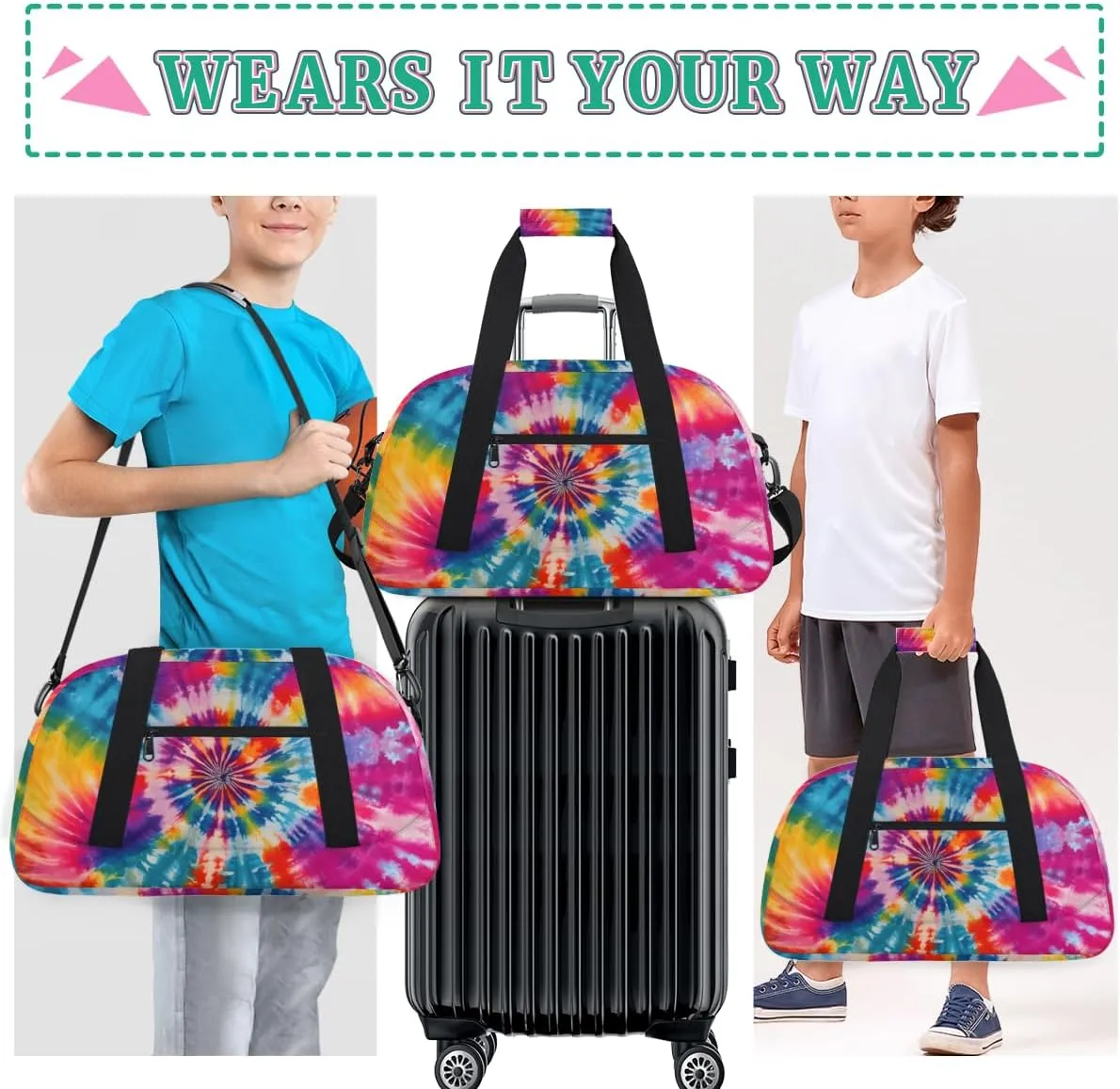 Art Swirl Tie Dye Boys Girls Gym Bag Dance Perform Training Duffel Bags Weekender Carry-On Tote Luggage Bag Ideal for School Practice or Overnight Trips Rainbow Tie-Dye
