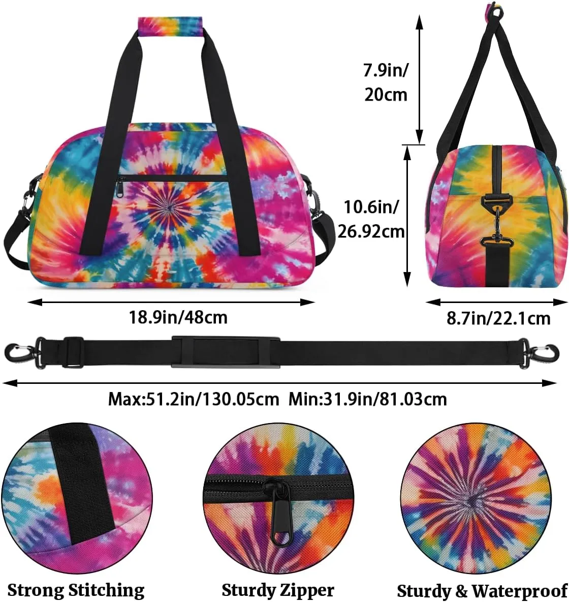 Art Swirl Tie Dye Boys Girls Gym Bag Dance Perform Training Duffel Bags Weekender Carry-On Tote Luggage Bag Ideal for School Practice or Overnight Trips Rainbow Tie-Dye