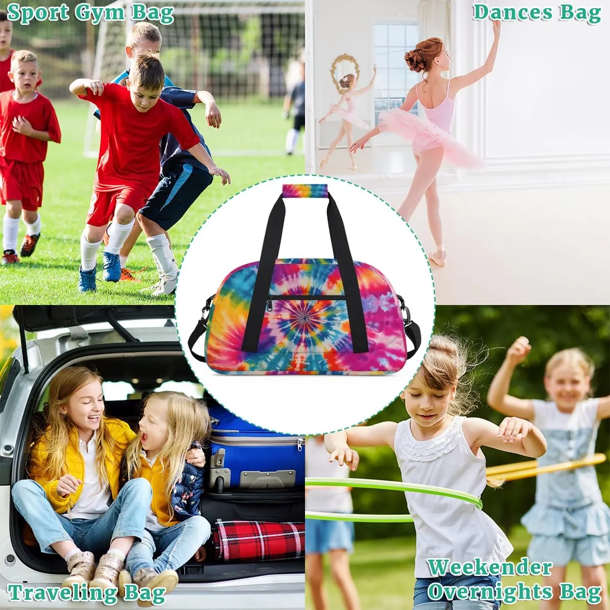 Art Swirl Tie Dye Boys Girls Gym Bag Dance Perform Training Duffel Bags Weekender Carry-On Tote Luggage Bag Ideal for School Practice or Overnight Trips Rainbow Tie-Dye