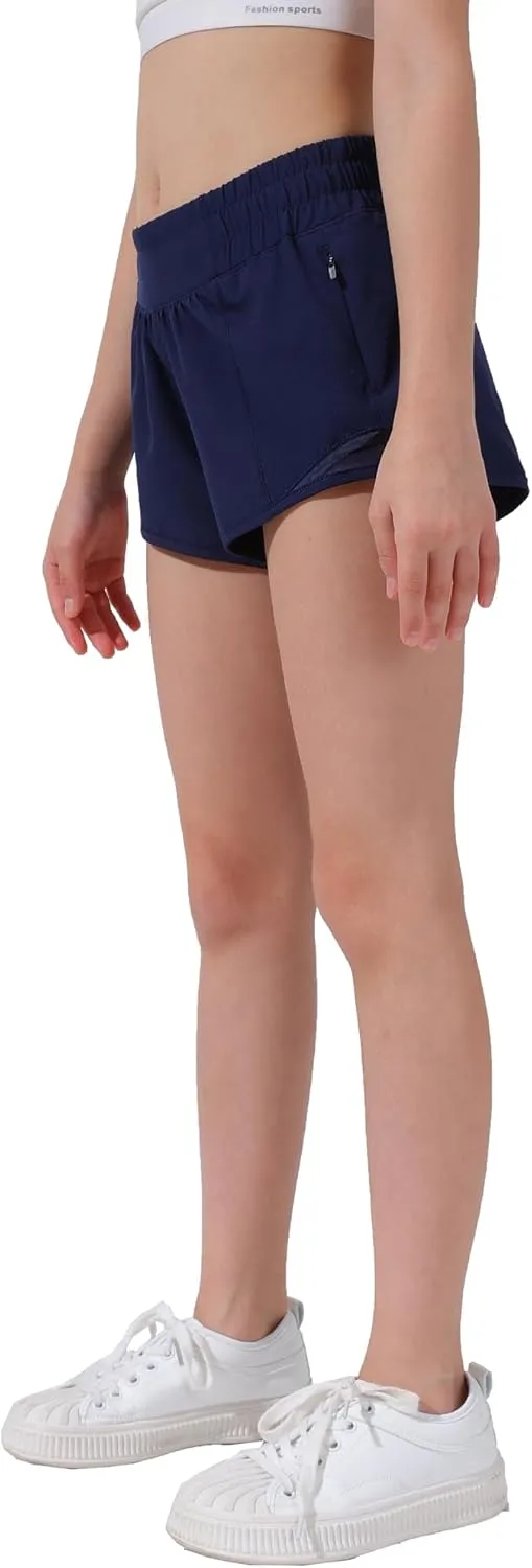 Aurefin Girls Athletic Shorts, Lightweight Running Shorts for Teen Girls Kids Sports Active Short with Zip Pocket and Elastic