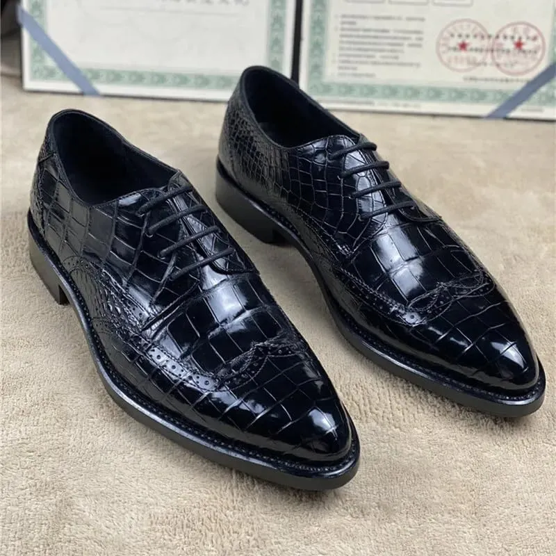 Authentic Crocodile Belly Skin Hand Stitched Businessmen Dress Shoes Genuine Alligator Leather Male Pointed Toe Brock Oxfords