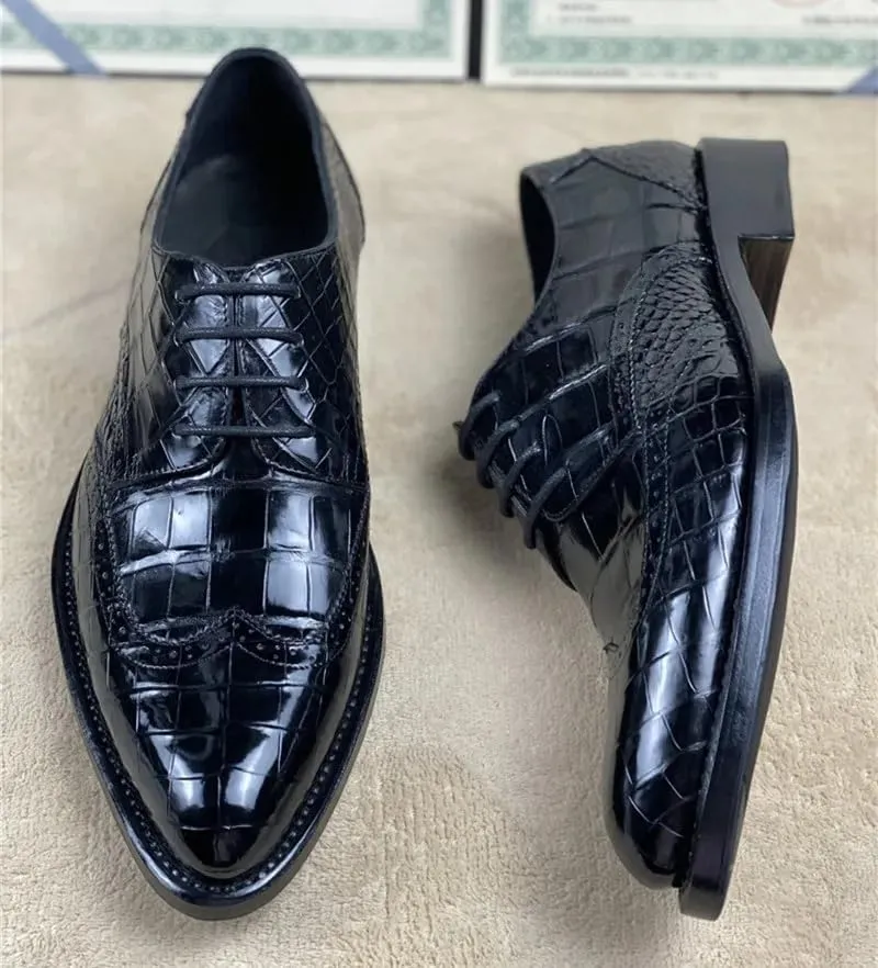 Authentic Crocodile Belly Skin Hand Stitched Businessmen Dress Shoes Genuine Alligator Leather Male Pointed Toe Brock Oxfords