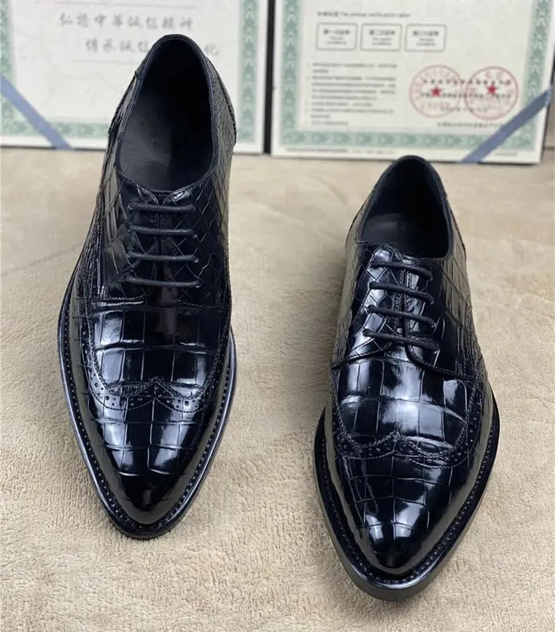 Authentic Crocodile Belly Skin Hand Stitched Businessmen Dress Shoes Genuine Alligator Leather Male Pointed Toe Brock Oxfords