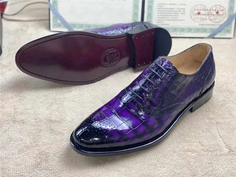 Authentic Crocodile Belly Skin Purple Color Men's Brogue Shoes Genuine Alligator Leather Handmade Male Lace-up Party Dress Shoes