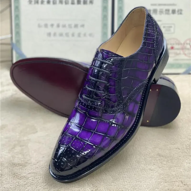 Authentic Crocodile Belly Skin Purple Color Men's Brogue Shoes Genuine Alligator Leather Handmade Male Lace-up Party Dress Shoes