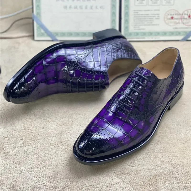 Authentic Crocodile Belly Skin Purple Color Men's Brogue Shoes Genuine Alligator Leather Handmade Male Lace-up Party Dress Shoes