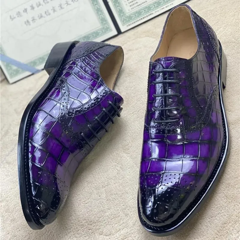 Authentic Crocodile Belly Skin Purple Color Men's Brogue Shoes Genuine Alligator Leather Handmade Male Lace-up Party Dress Shoes