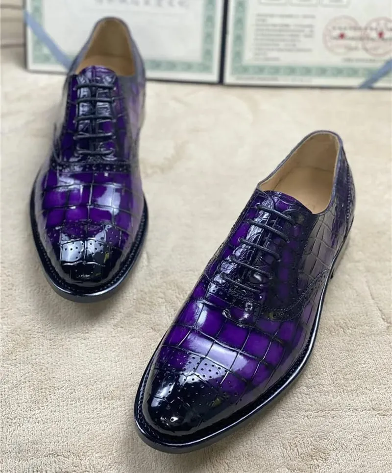 Authentic Crocodile Belly Skin Purple Color Men's Brogue Shoes Genuine Alligator Leather Handmade Male Lace-up Party Dress Shoes