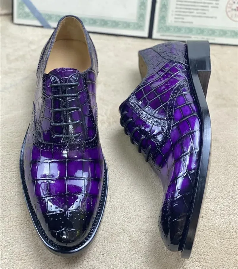 Authentic Crocodile Belly Skin Purple Color Men's Brogue Shoes Genuine Alligator Leather Handmade Male Lace-up Party Dress Shoes