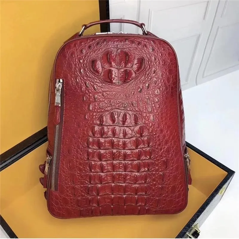 Authentic Exotic Crocodile Skin Men's Casual Travel Backpack Genuine Alligator Leather Male To-handle Businesss Bag Pack (Claret)