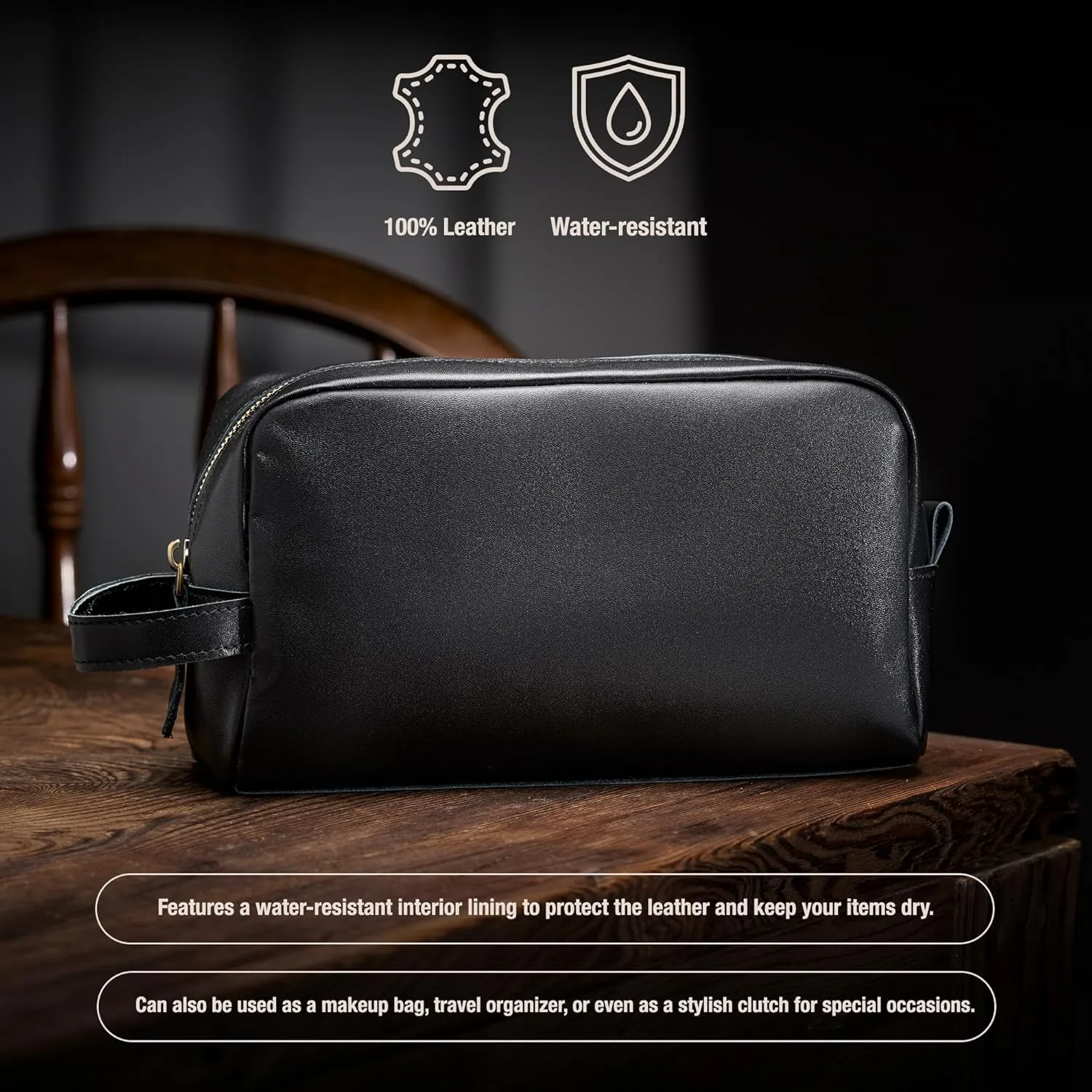 Awesometik Mens Travel Bag Toiletries Organizer Case for Grooming, Toiletry Bag for Men, Travel Essentials Shaving Dopp Kit, Geniune Leather Water Resistant Cosmetic Bag Pouch (Black)