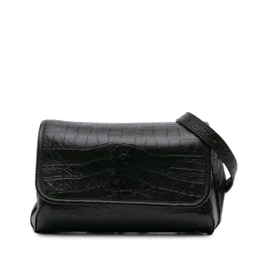 Baby Crocodile Embossed Leather Monogram Niki Shoulder Bag