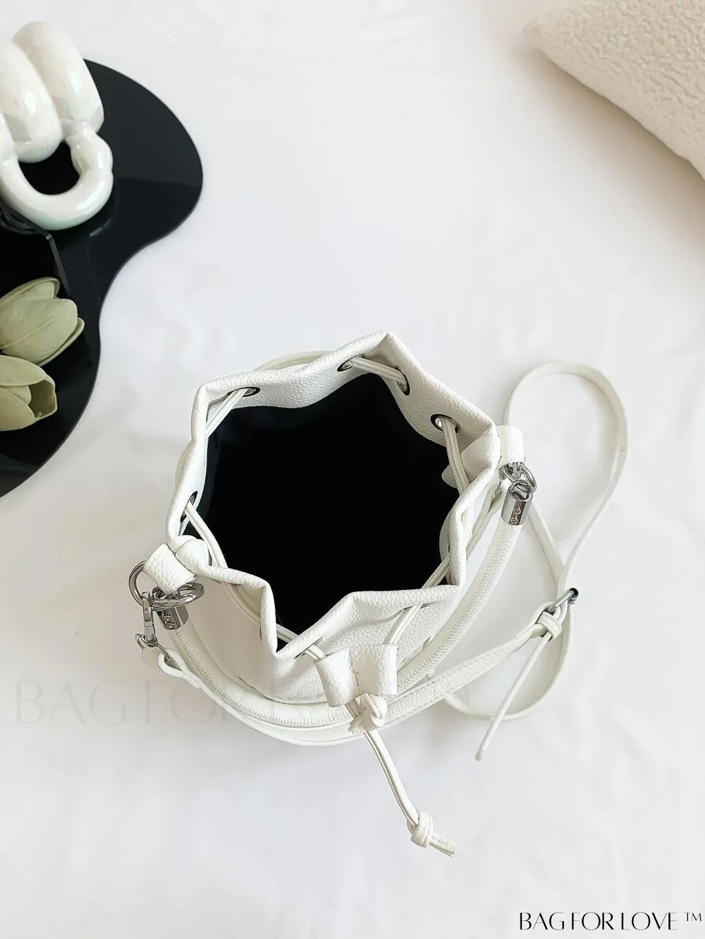 BagForLove - Compact Graphic Drawstring Bucket Bag: Sleek, Minimalist Design