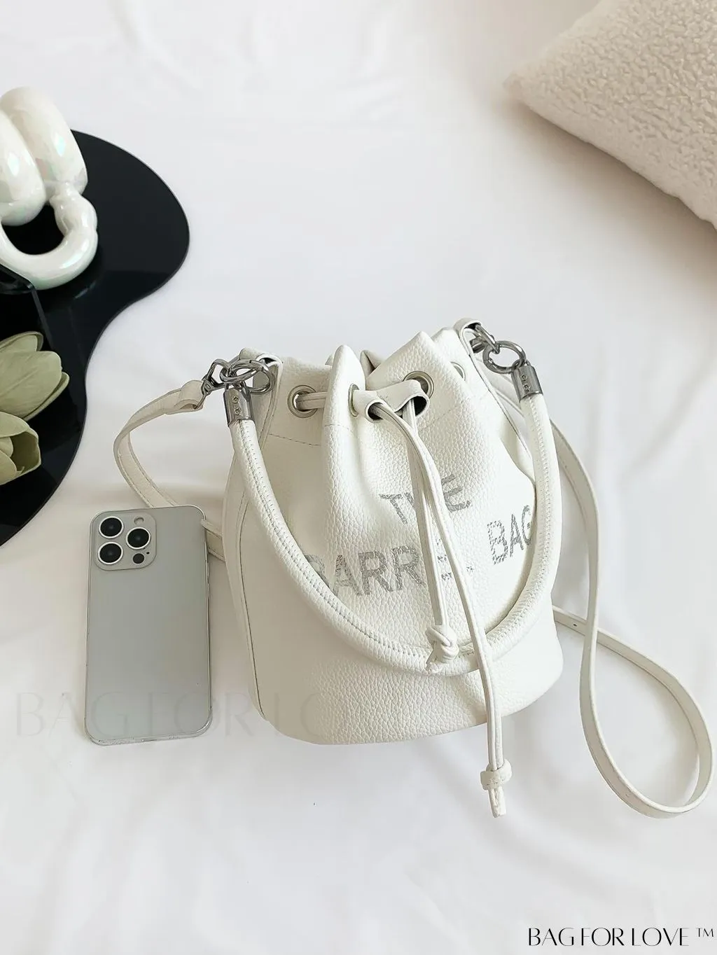 BagForLove - Compact Graphic Drawstring Bucket Bag: Sleek, Minimalist Design