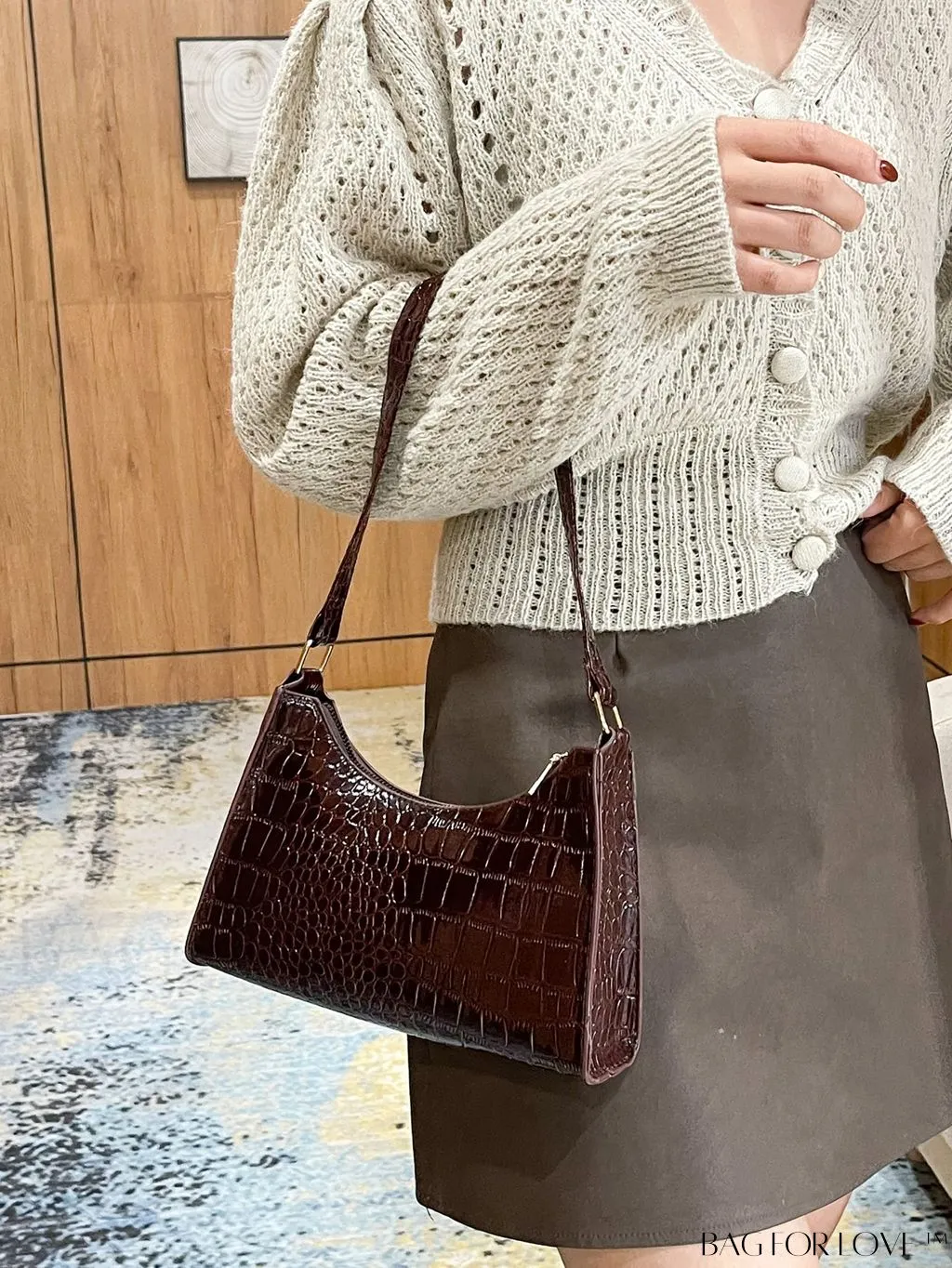 BagForLove - Croc Embossed Baguette Bag: Sleek and Minimalistic Design