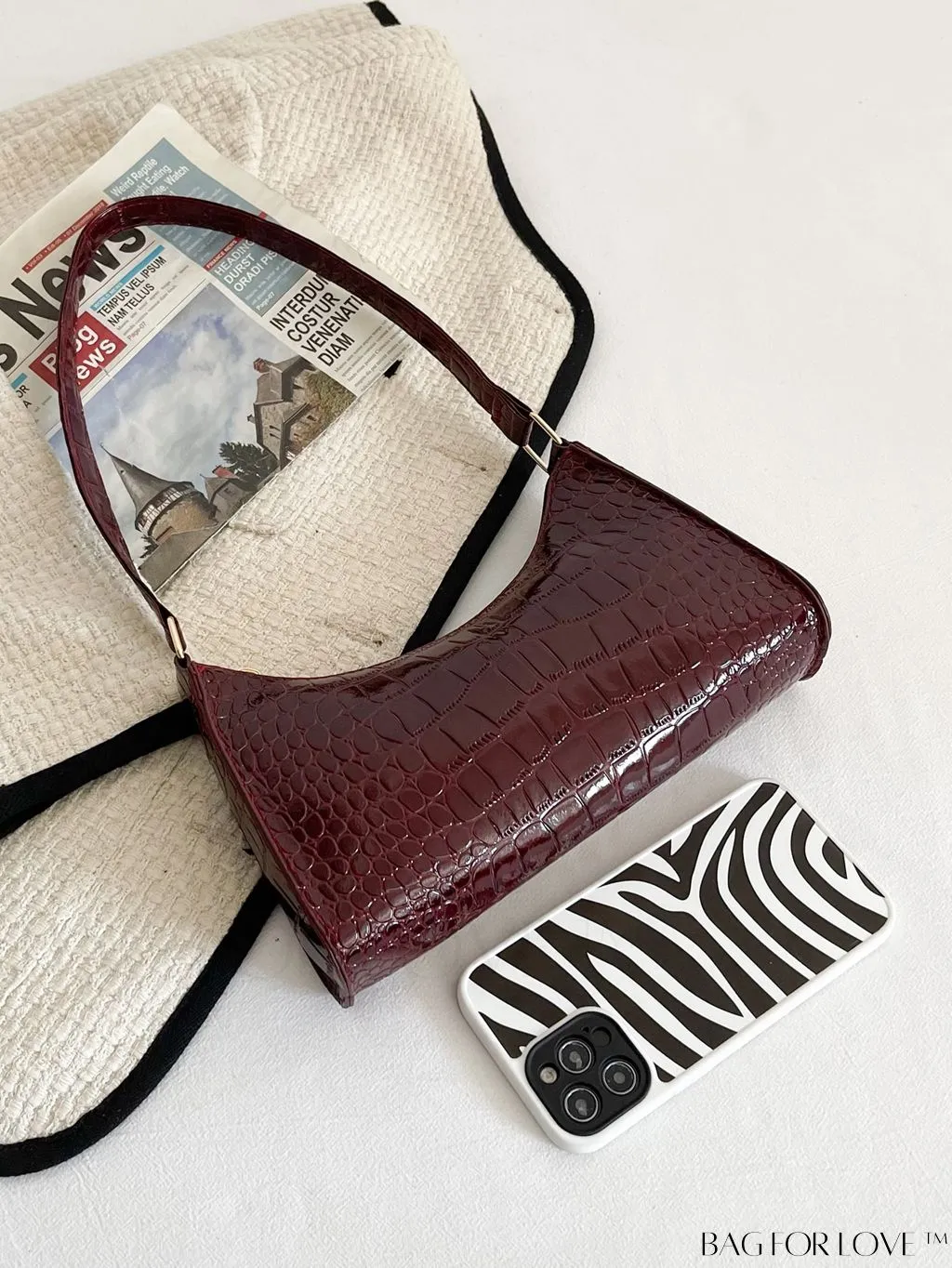 BagForLove - Croc Embossed Baguette Bag: Sleek and Minimalistic Design
