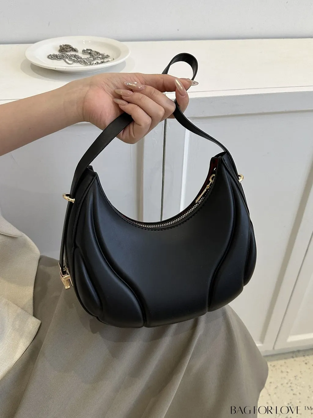 BagForLove - Embossed PU Zipper Shoulder Bag - Sleek and Compact
