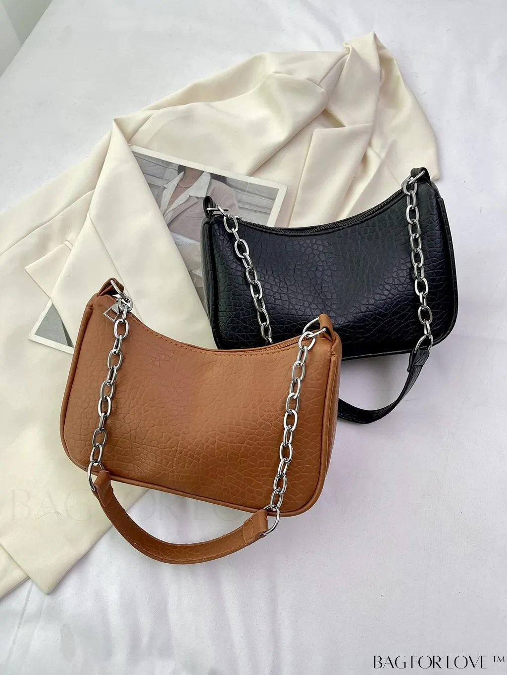BagForLove - Silver Metal Chain Shoulder Bag in Sleek PU Material