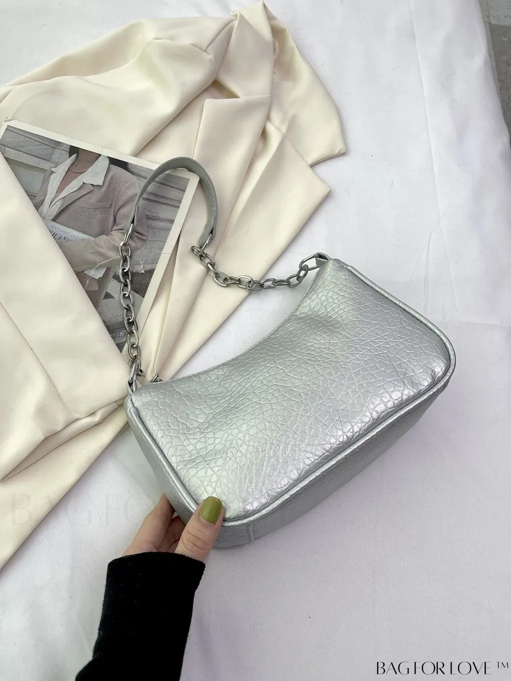 BagForLove - Silver Metal Chain Shoulder Bag in Sleek PU Material