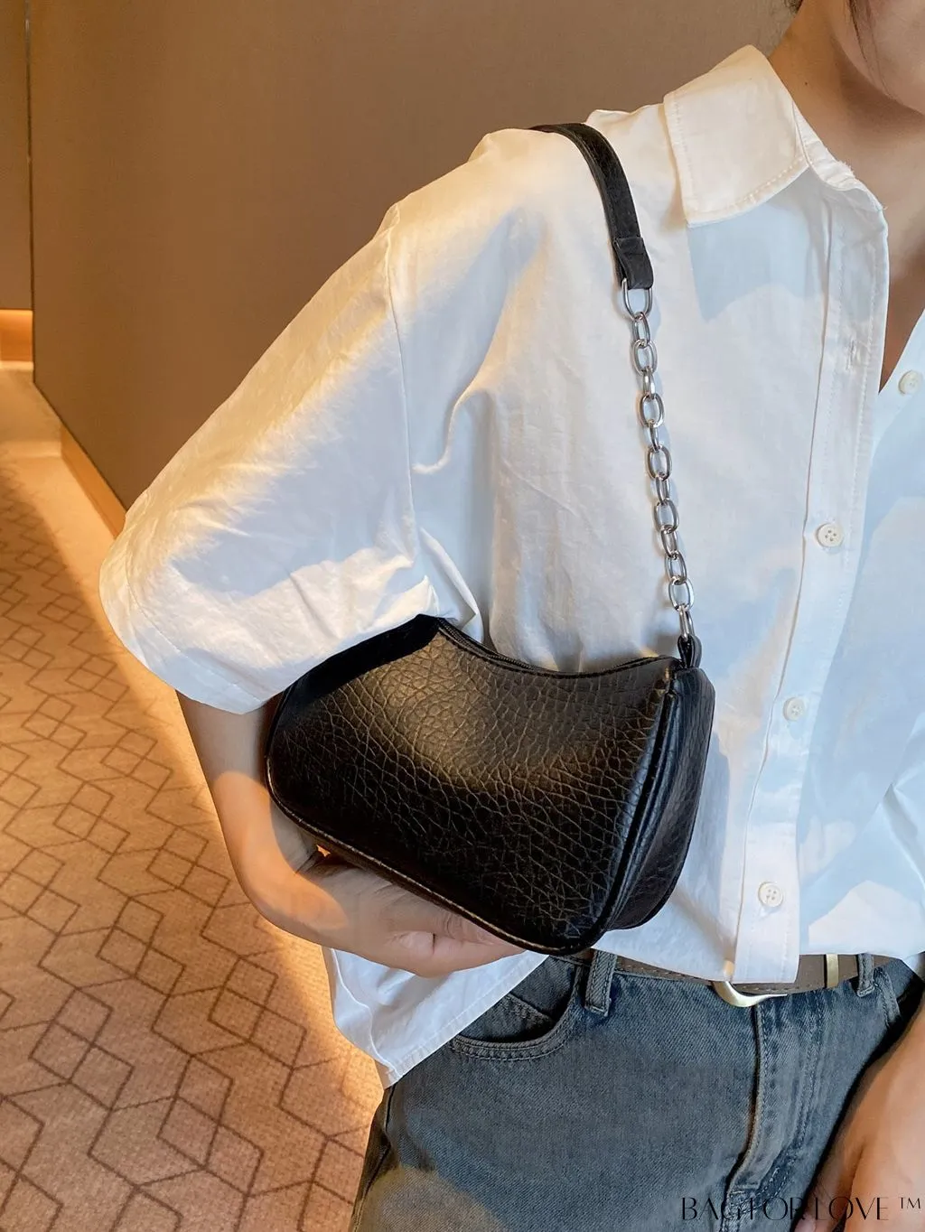 BagForLove - Silver Metal Chain Shoulder Bag in Sleek PU Material