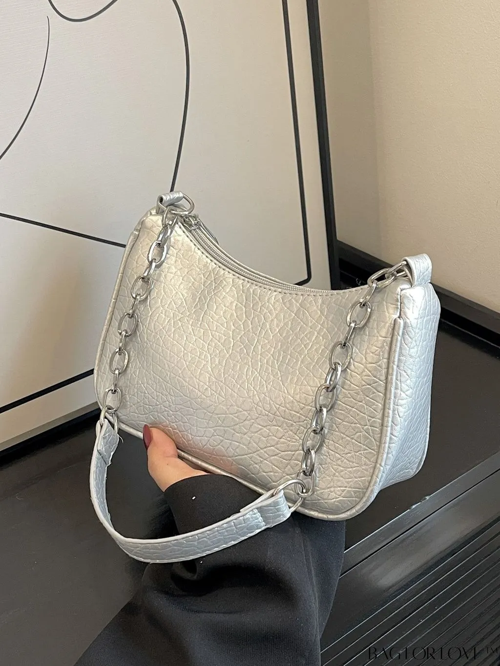 BagForLove - Silver Metal Chain Shoulder Bag in Sleek PU Material