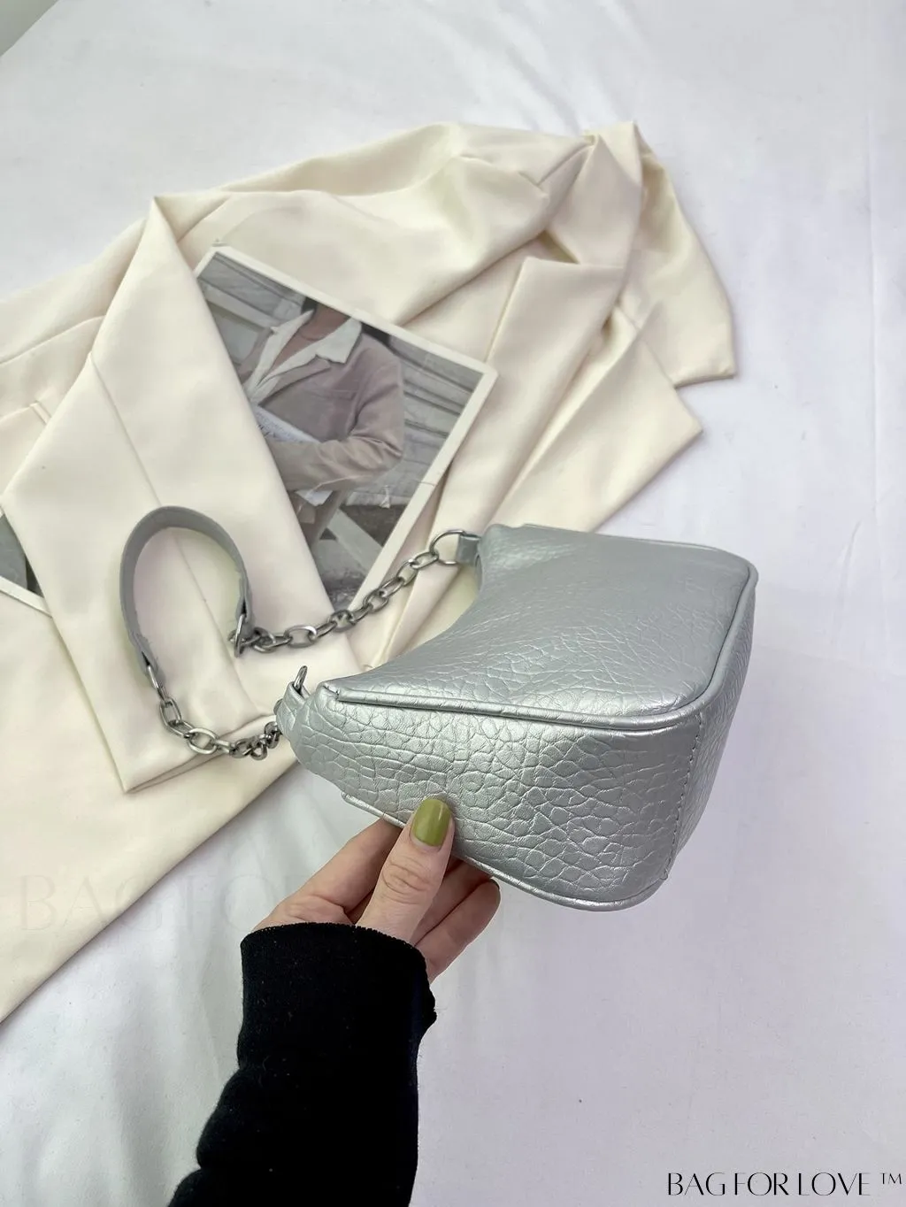 BagForLove - Silver Metal Chain Shoulder Bag in Sleek PU Material