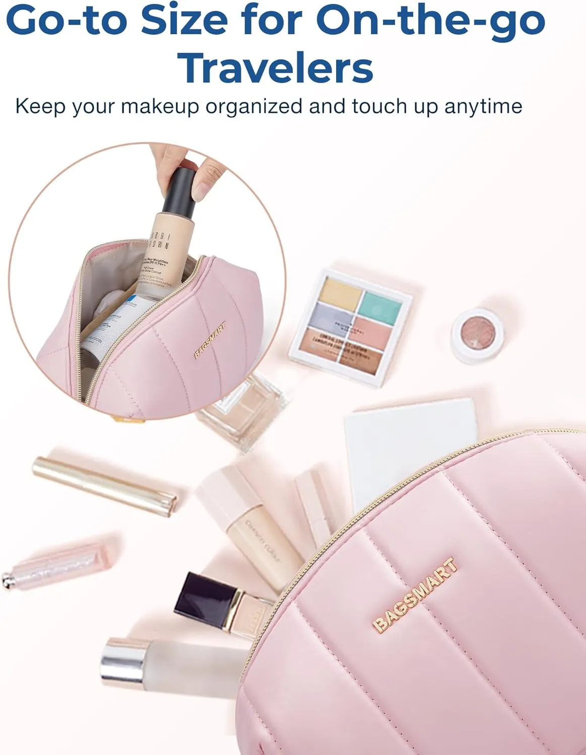 BAGSMART Small Makeup Bag PU Leather Travel Makeup Bag Organizer Makeup Pouch, Portable Cosmetic Bags for Women, Cute Make Up Bag for Travel Size Toiletries Accessories Brushes (Purple)