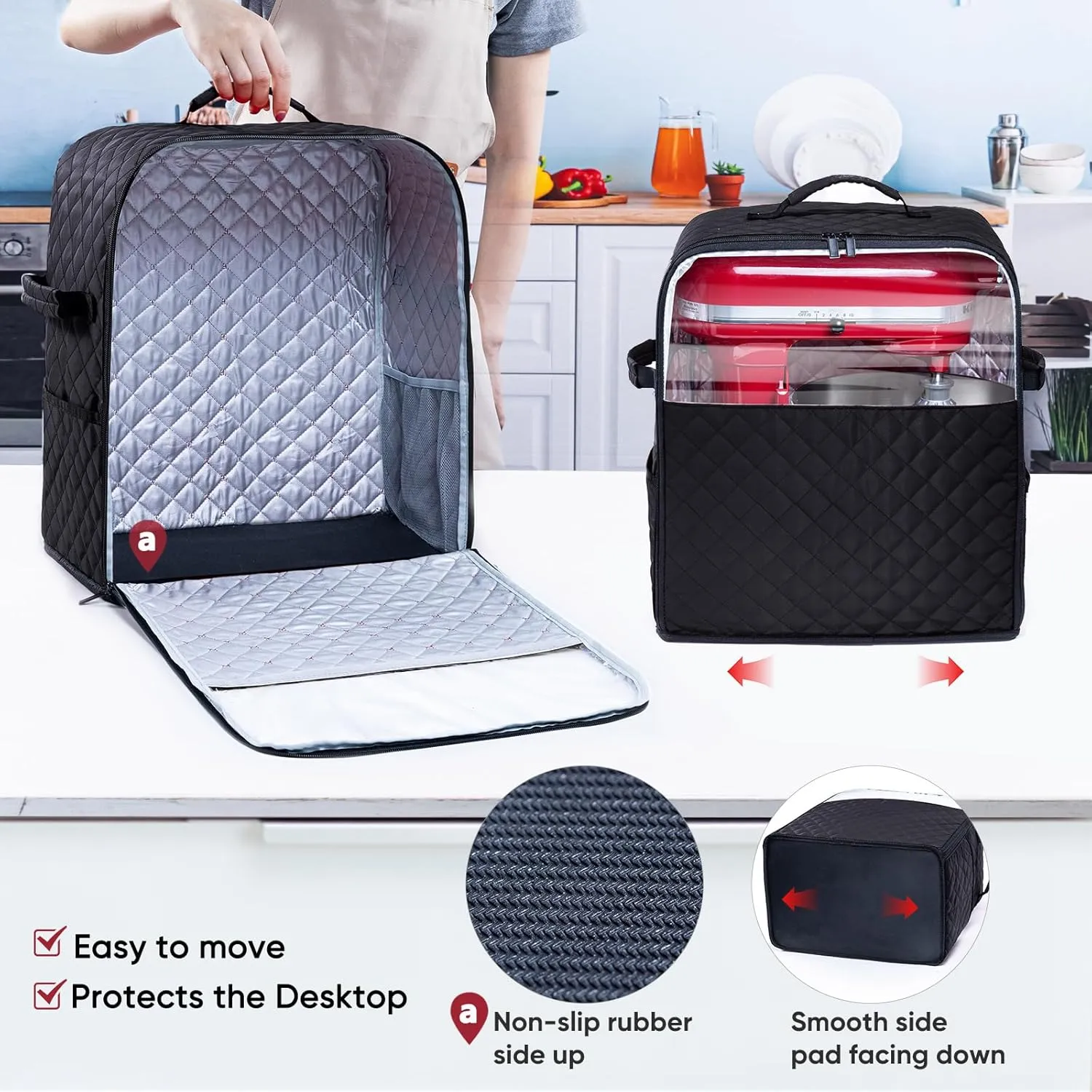 BAGSPRITE Stand Mixer Cover with Appliance Sliders Base Compatible with KitchenAid Mixer-Storage Bag for 4.5/5 Quart with Pockets for Kitchen Aid Accessories and Attachments