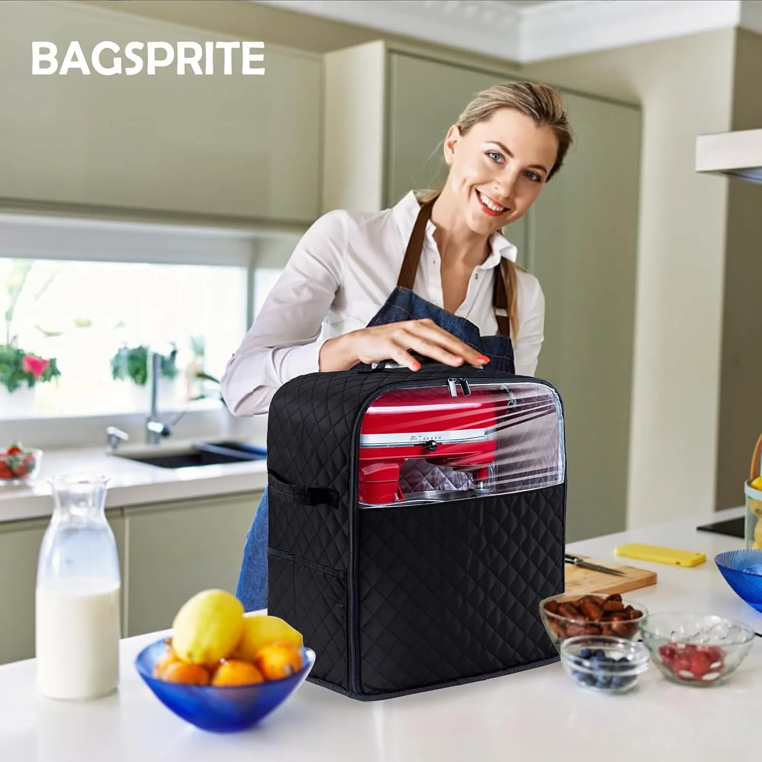 BAGSPRITE Stand Mixer Cover with Appliance Sliders Base Compatible with KitchenAid Mixer-Storage Bag for 4.5/5 Quart with Pockets for Kitchen Aid Accessories and Attachments