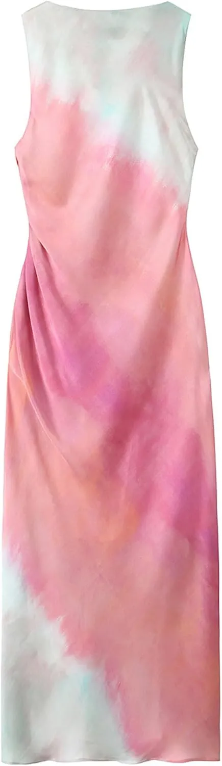 BAIMORE Women's Elegant Cowl Neck Tie Dye Sleeveless Ruched Side Party Midi Dress