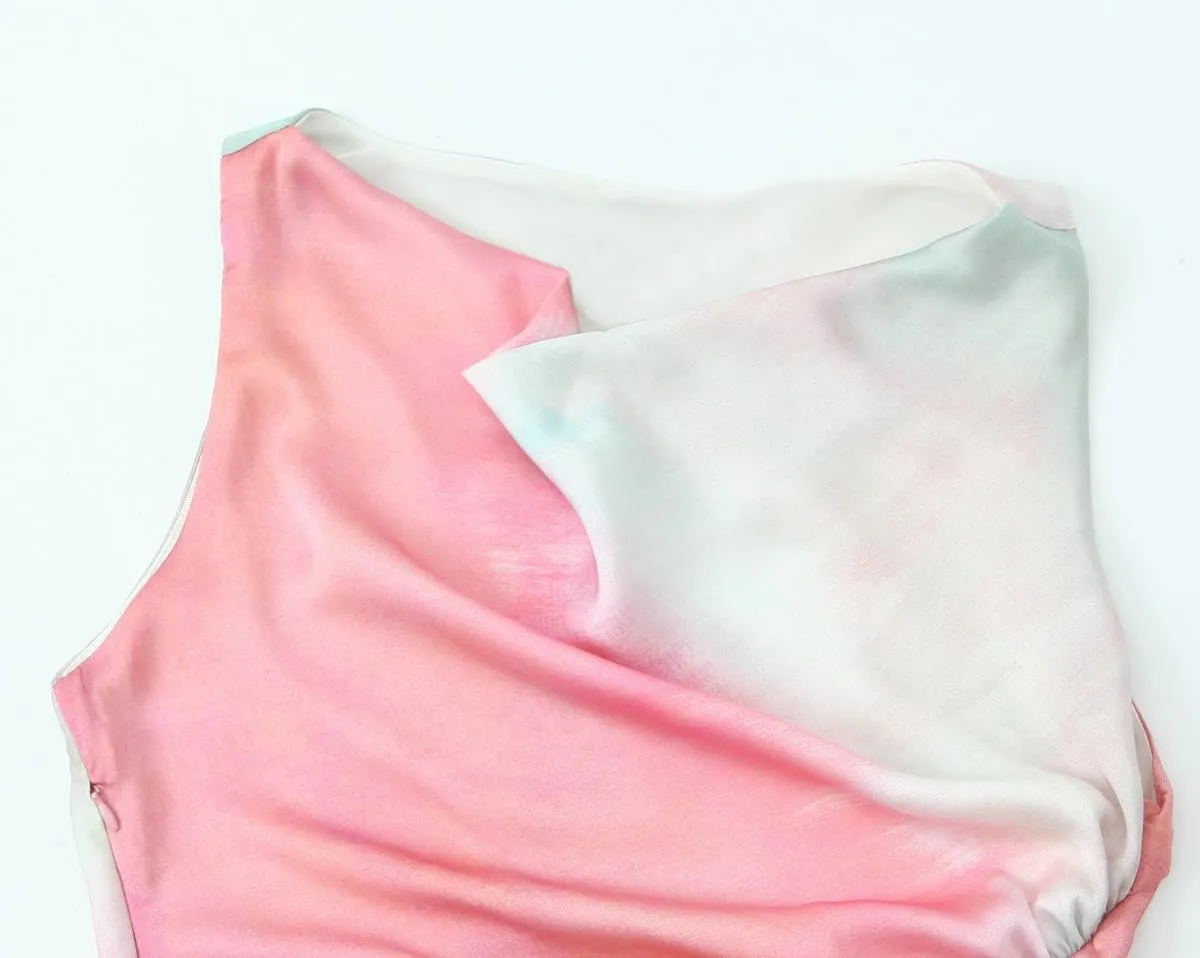 BAIMORE Women's Elegant Cowl Neck Tie Dye Sleeveless Ruched Side Party Midi Dress
