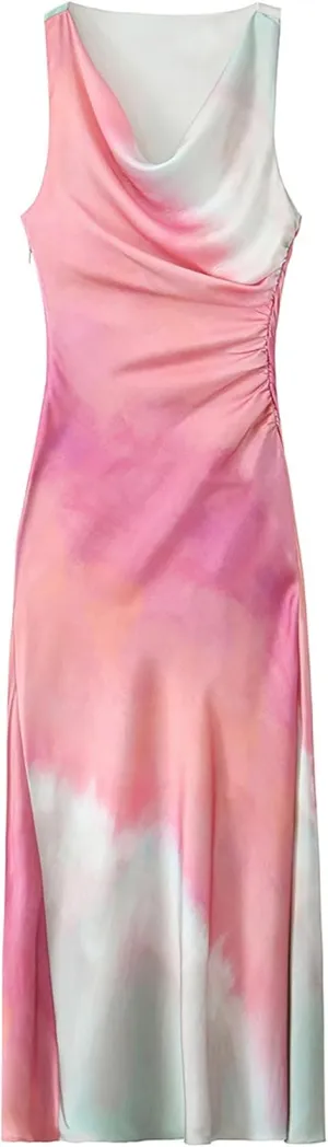 BAIMORE Women's Elegant Cowl Neck Tie Dye Sleeveless Ruched Side Party Midi Dress