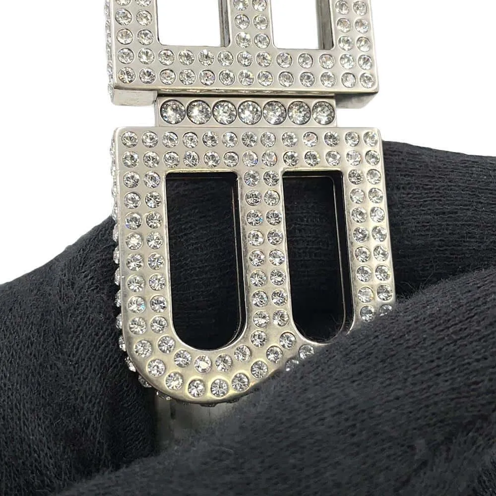 BALENCIAGA BB Buckle Belt Size 70 White673518 Crocodile-embossed Leather Rhinestone