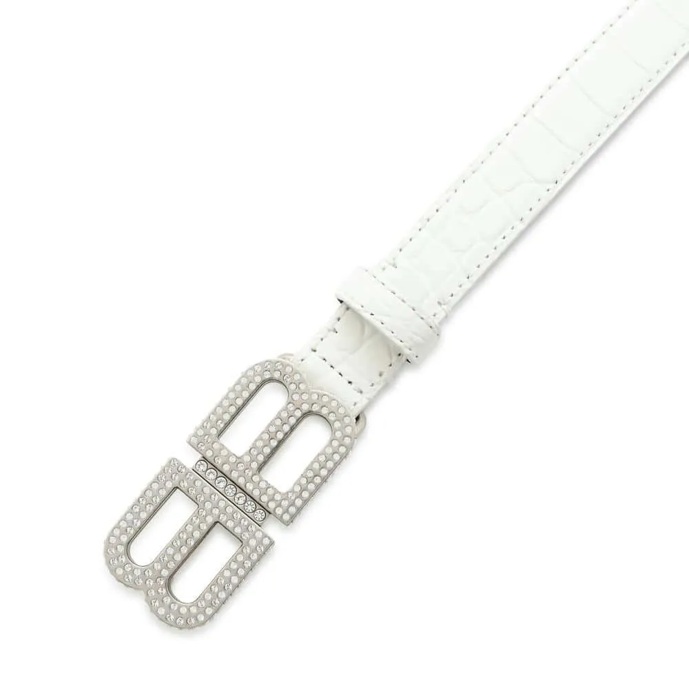 BALENCIAGA BB Buckle Belt Size 70 White673518 Crocodile-embossed Leather Rhinestone