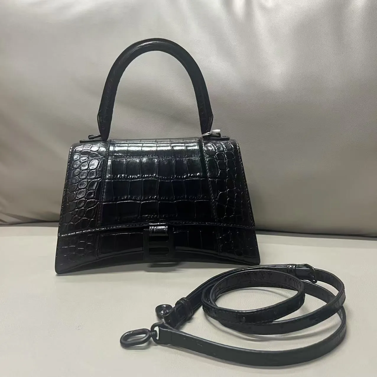 Balenciaga Hourglass Crocodile-Embossed Black Shoulder Bag
