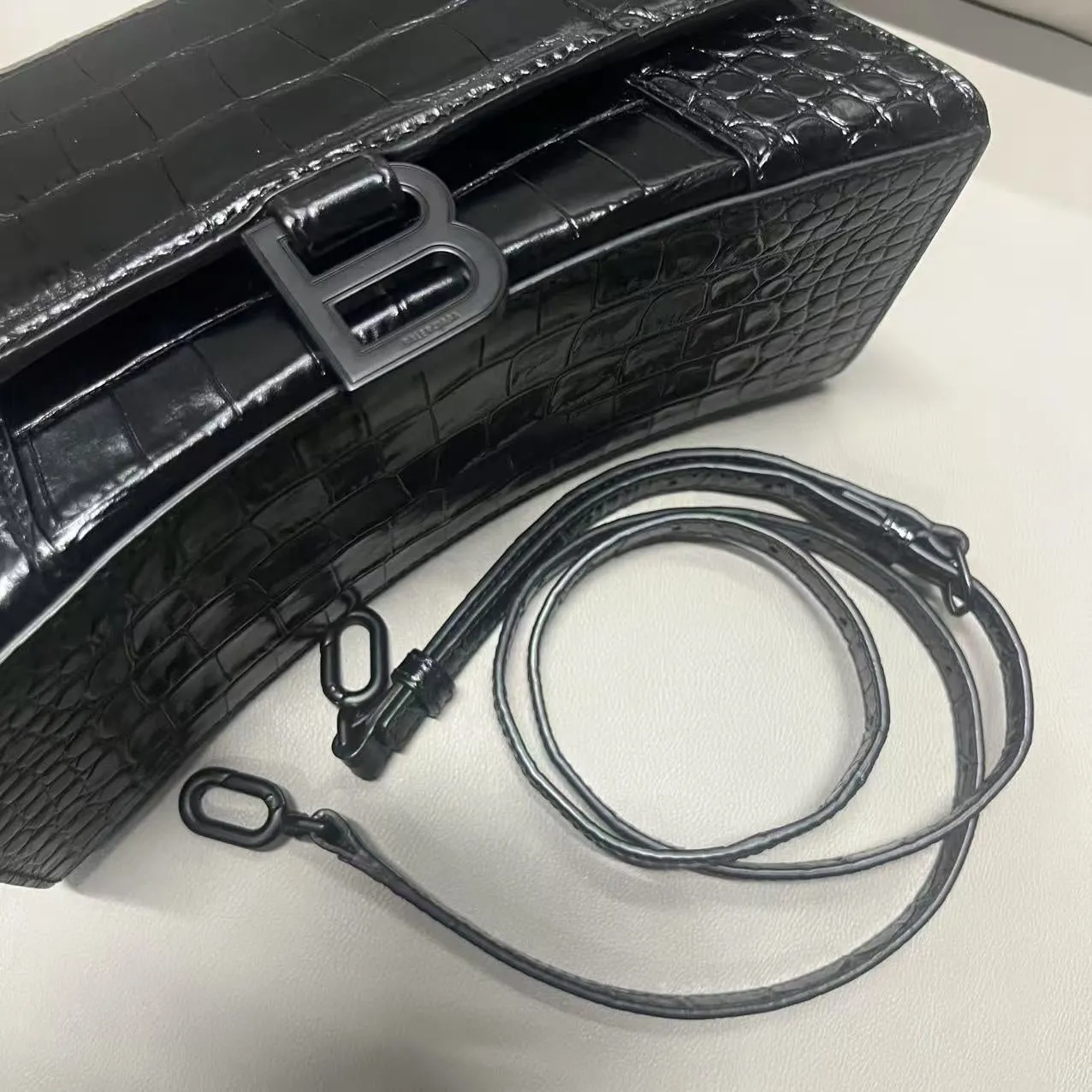 Balenciaga Hourglass Crocodile-Embossed Black Shoulder Bag