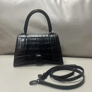 Balenciaga Hourglass Crocodile-Embossed Black Shoulder Bag