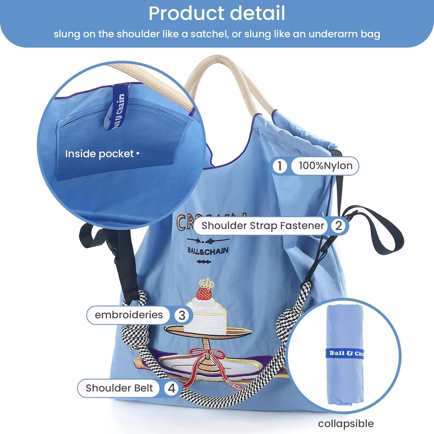 Ball&Chain Cake Pattern Embroidery Nylon Bag with Pulling Rope Pocket Personalized Tote Bags for Mom Teacher Friend