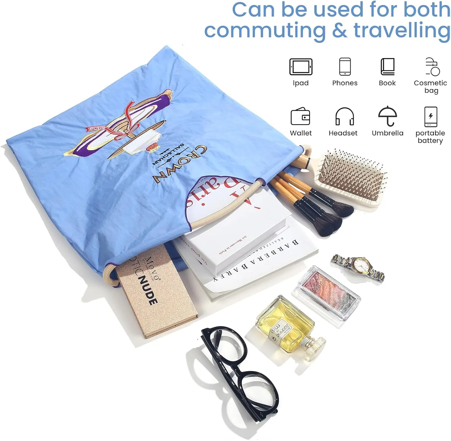 Ball&Chain Cake Pattern Embroidery Nylon Bag with Pulling Rope Pocket Personalized Tote Bags for Mom Teacher Friend