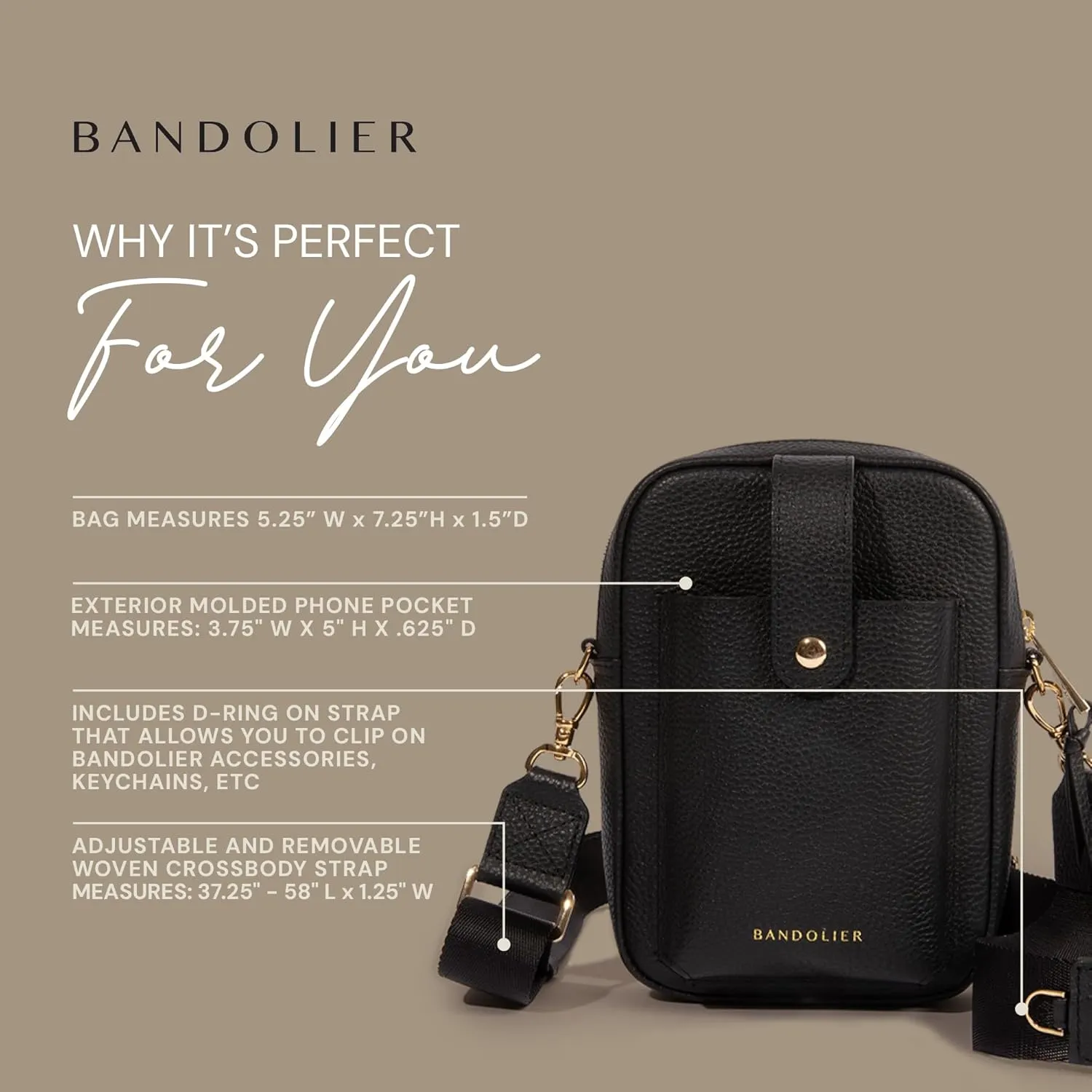 Bandolier Dillon Bag Crossbody | Stylish Pebble Leather Bag | Adjustable Strap, Exterior Slip Pocket | Small Bags for Women
