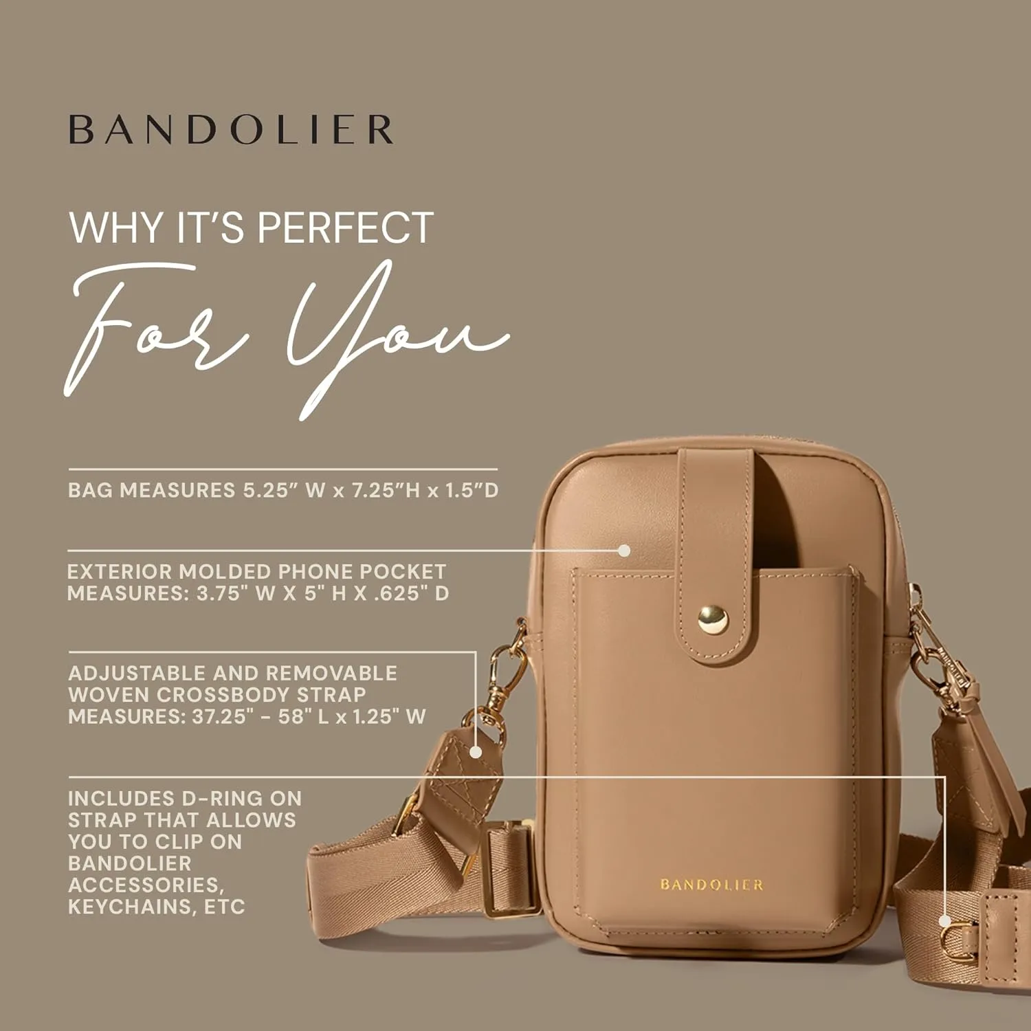 Bandolier Dillon Bag Crossbody | Stylish Pebble Leather Bag | Adjustable Strap, Exterior Slip Pocket | Small Bags for Women