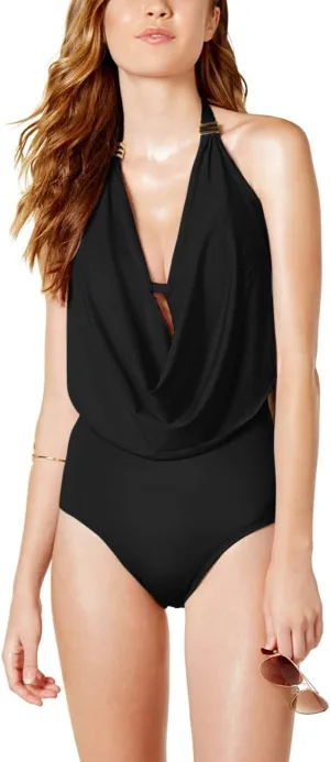 bar III Draped Monokini One-Piece Swimsuit Black Size X-Large