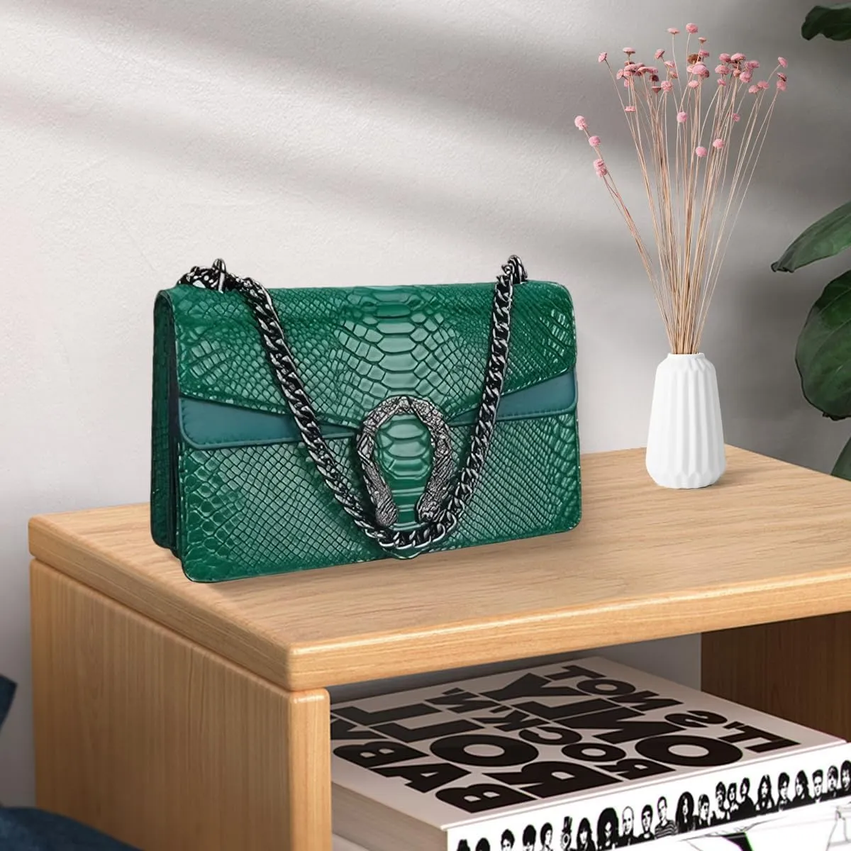 Bealin Women's Crossbody Shoulder Bag Retro Snake Print Square Satchel Handbag Chain Strap Clutch Leather Bag