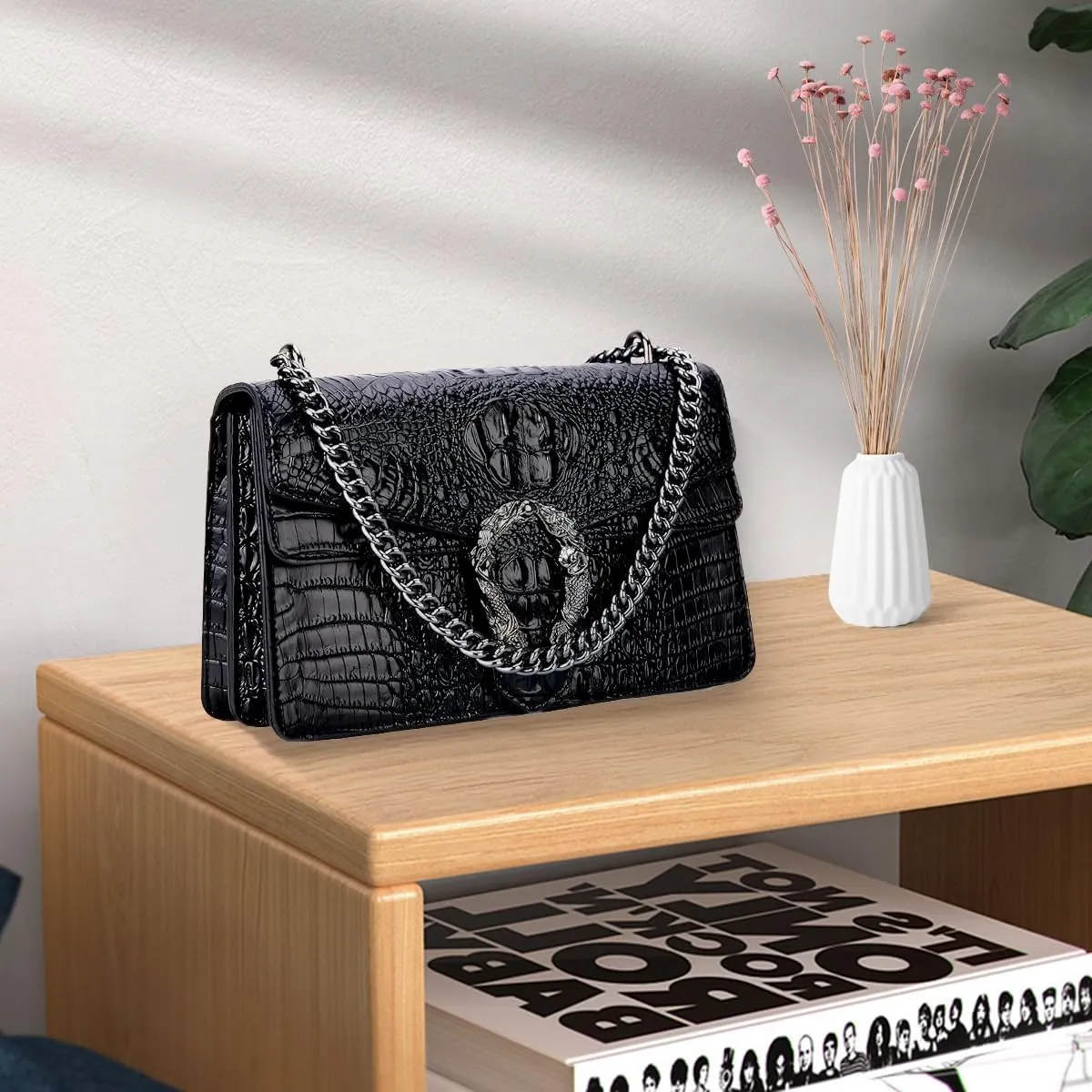 Bealin Women's Crossbody Shoulder Bag Retro Snake Print Square Satchel Handbag Chain Strap Clutch Leather Bag