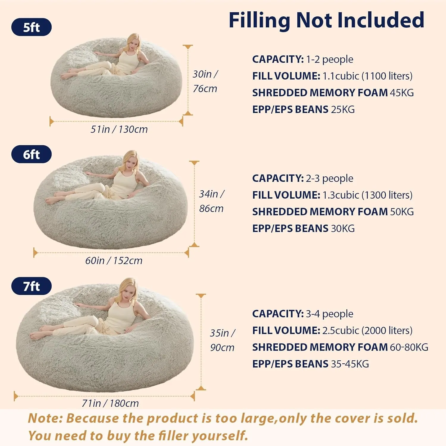 Bean Bag Cover(No Filler), Faux Fur Comfy Bean Bag Chairs for Adults, Washable Bean Bag Chair Cover, Fluffy Plush Giant Bean Bags Chairs for Teens Kids Girls, Anti-Slip, 5FT, Orange