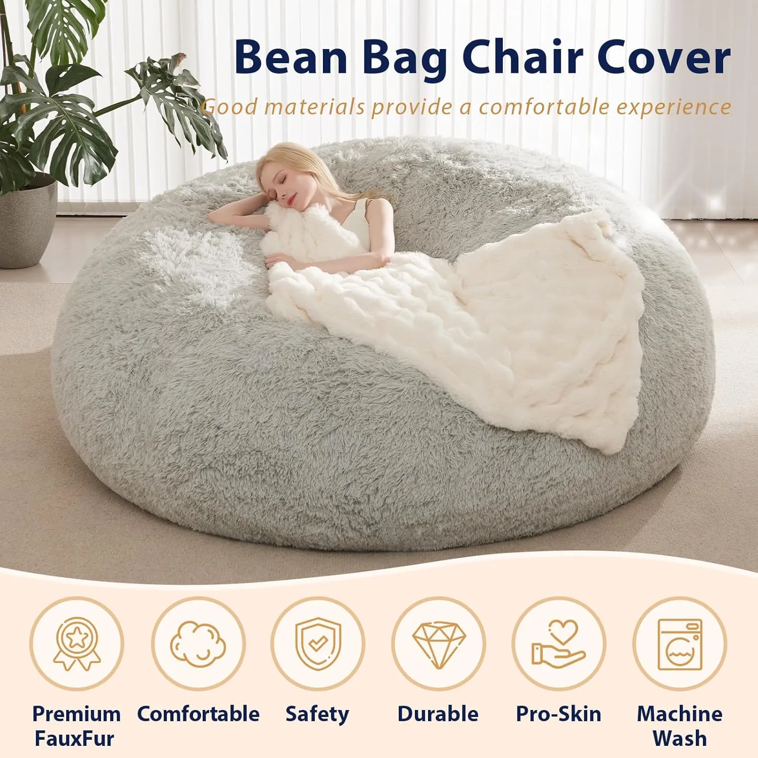 Bean Bag Cover(No Filler), Faux Fur Comfy Bean Bag Chairs for Adults, Washable Bean Bag Chair Cover, Fluffy Plush Giant Bean Bags Chairs for Teens Kids Girls, Anti-Slip, 5FT, Orange