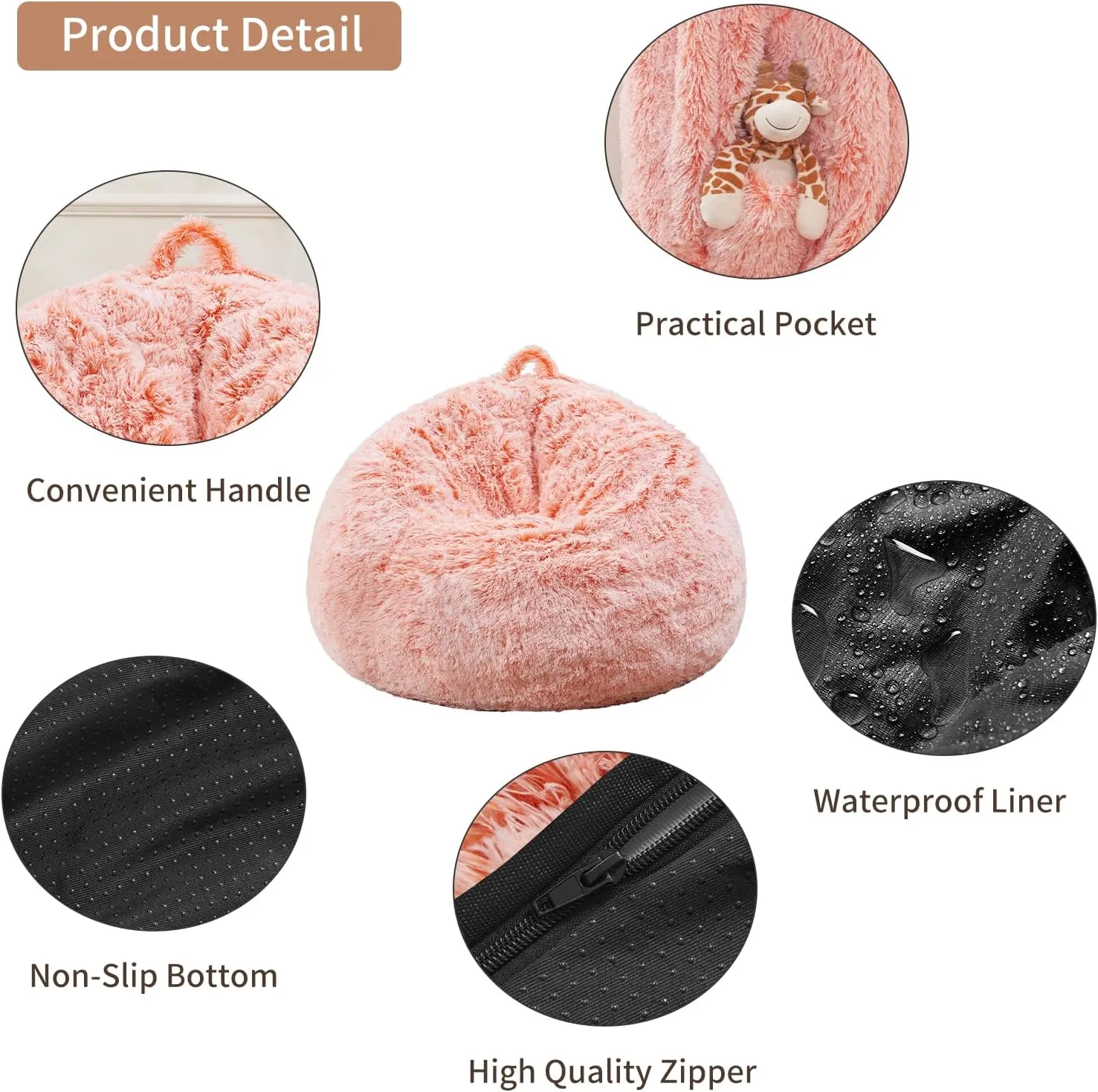 Bean Bag Cover(No Filler), Faux Fur Comfy Bean Bag Chairs for Adults, Washable Bean Bag Chair Cover, Fluffy Plush Giant Bean Bags Chairs for Teens Kids Girls, Anti-Slip, 5FT, Orange