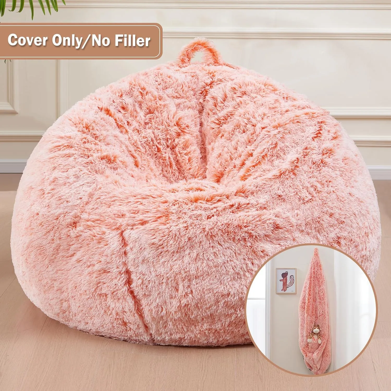 Bean Bag Cover(No Filler), Faux Fur Comfy Bean Bag Chairs for Adults, Washable Bean Bag Chair Cover, Fluffy Plush Giant Bean Bags Chairs for Teens Kids Girls, Anti-Slip, 5FT, Orange