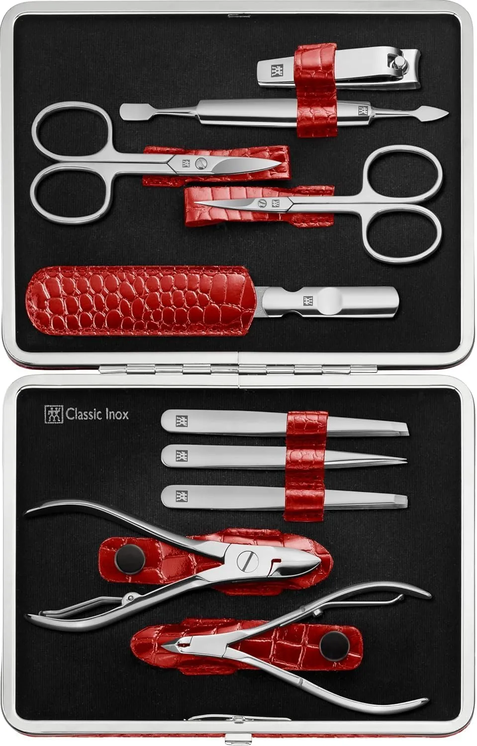 Beauty TWINOX Manicure and Pedicure Crocodile Pattern Cowhide Leather Case with Zip Closure, Nail Care Kit, 11-Piece, Premium Travel Nail Kit, Matte, Red